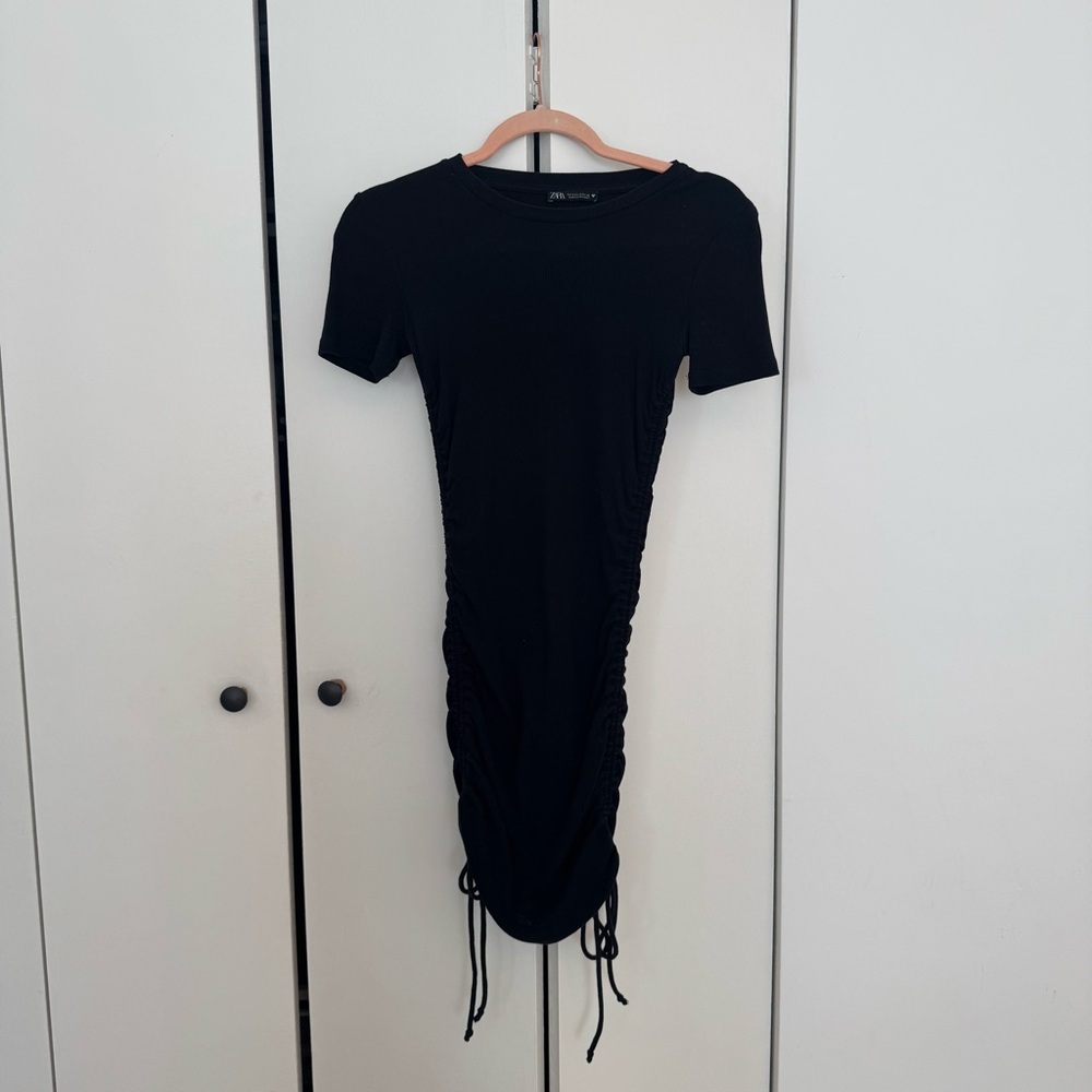 Zara Black Ruched Side-Tie Midi Dress